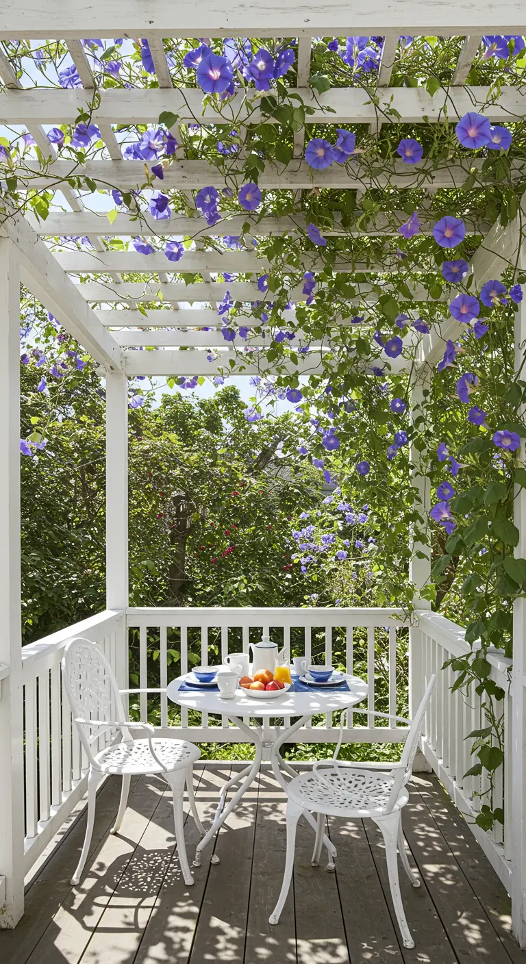 A white porch pergola covered in vibrant blue morning glory vines, with a white bistro set.