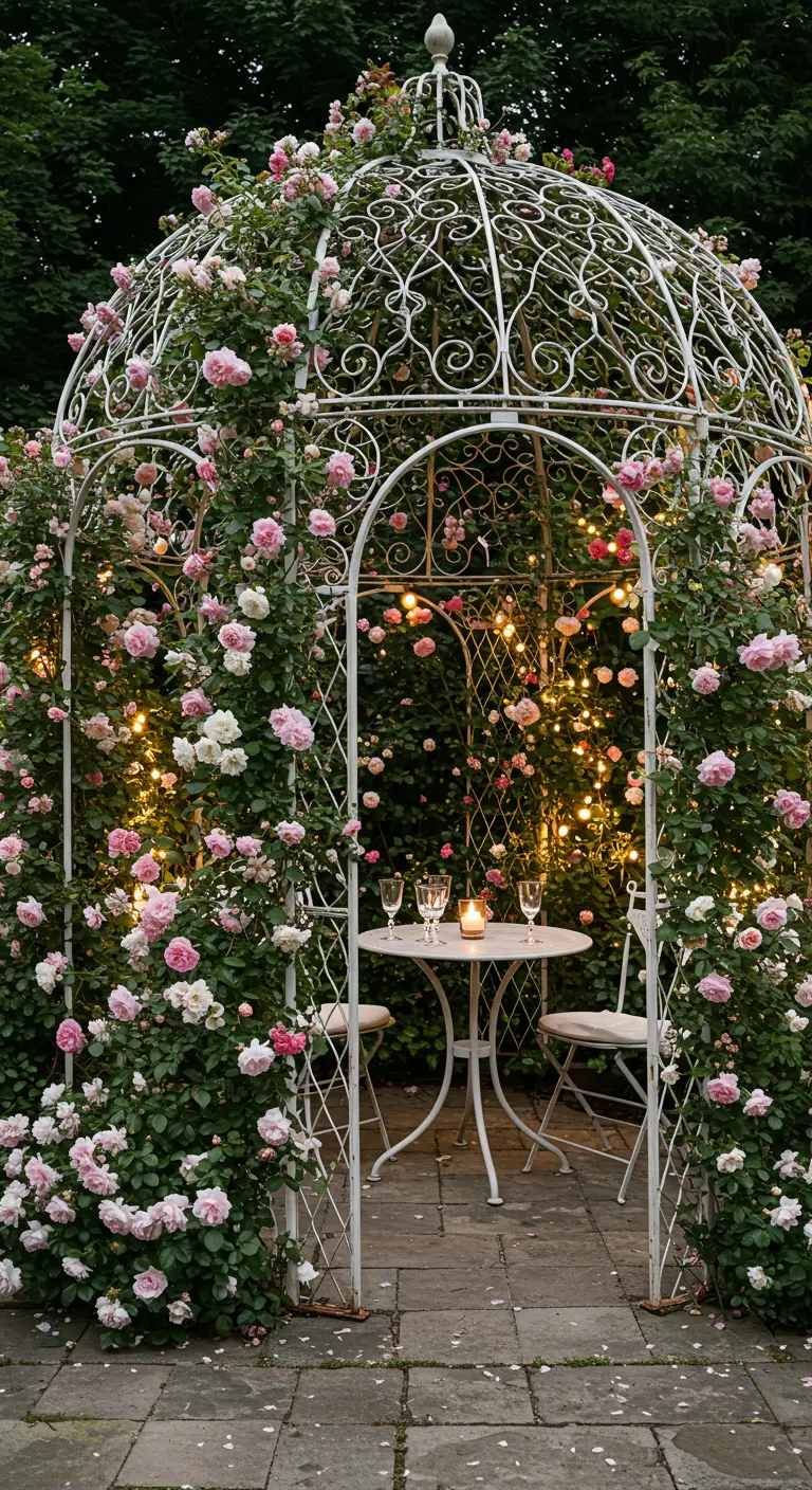 A white metal gazebo covered in pink and white climbing roses, lit with fairy lights.