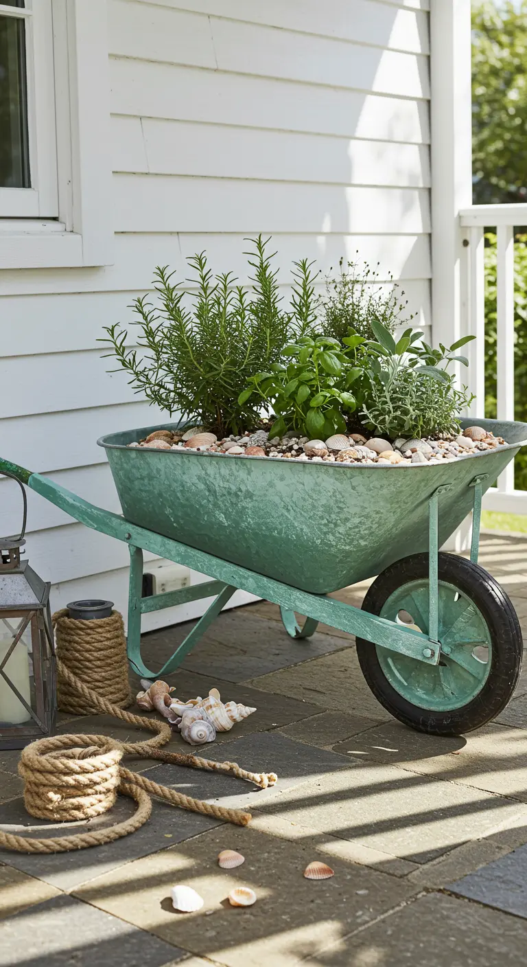 A seafoam green wheelbarrow with rosemary and sage, decorated with pebbles and seashells.