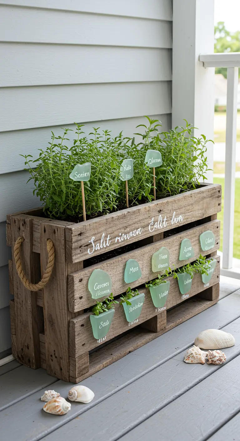 A weathered pallet wood planter with rope handles and herb markers made from sea glass.
