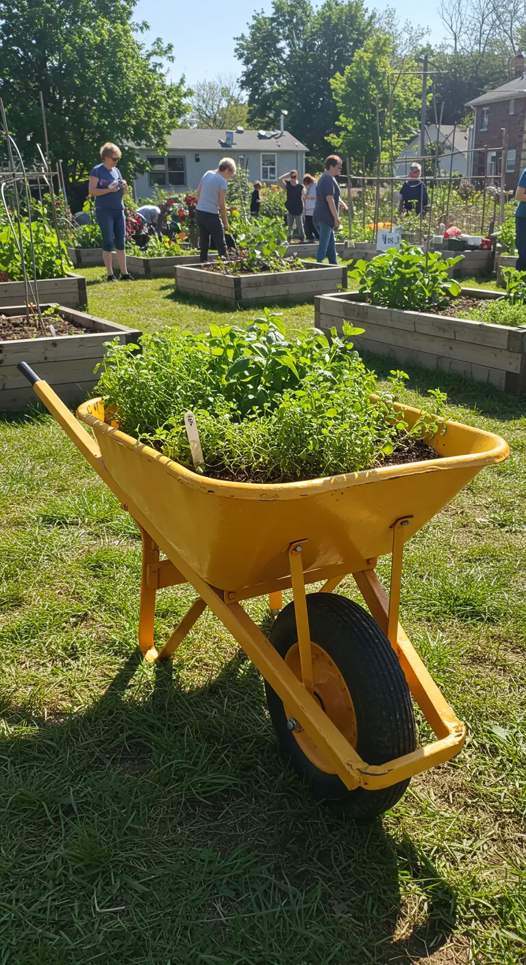 A bright yellow wheelbarrow brimming with herbs in a bustling community garden setting.