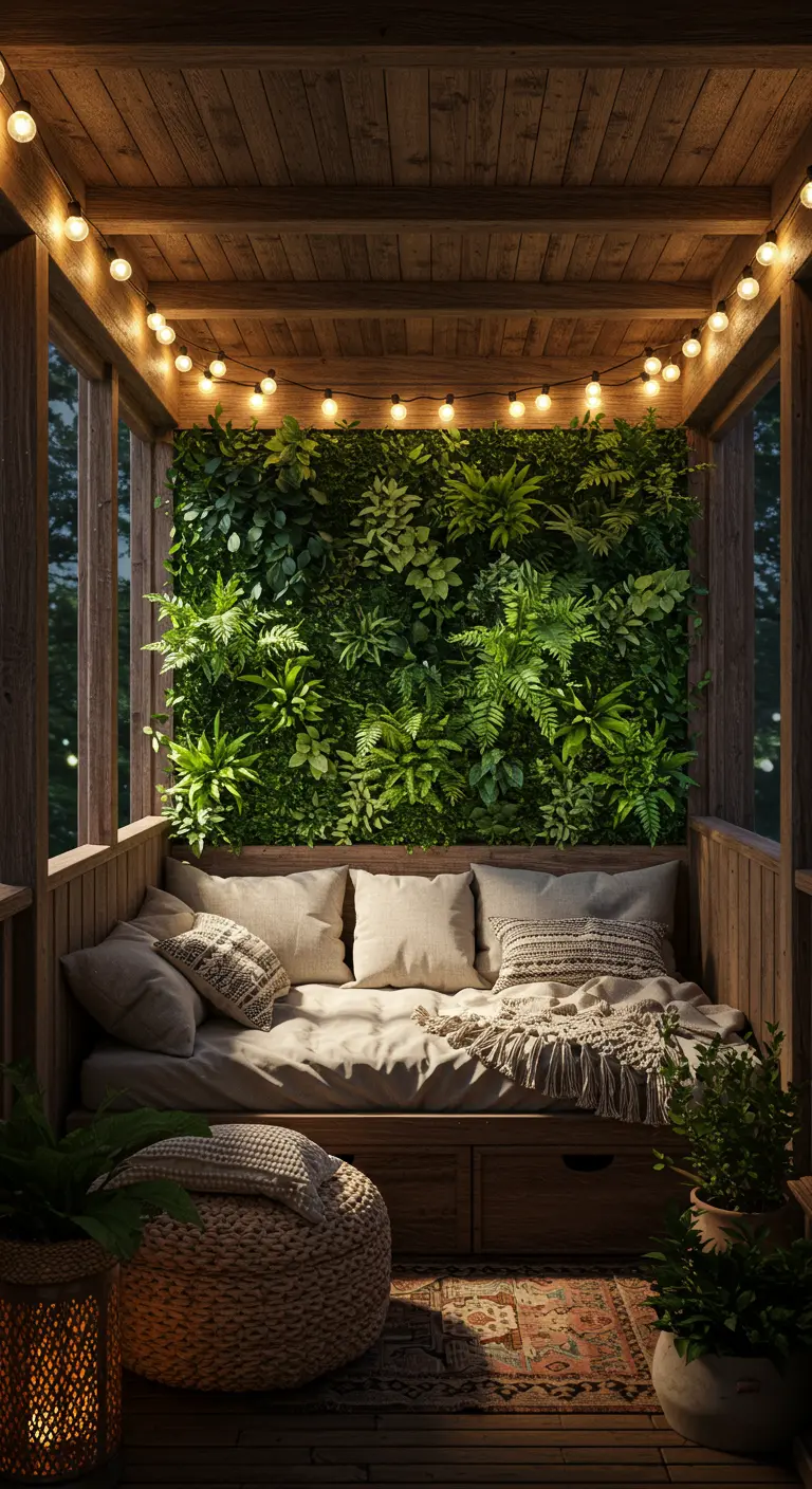 A cozy, wood-enclosed balcony with a daybed, plush pillows, and a green wall lit by string lights.
