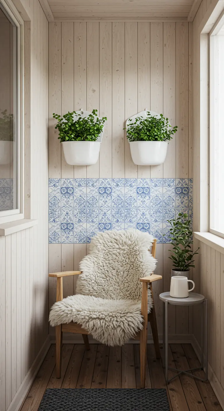Scandinavian balcony with light wood walls, a sheepskin throw on a chair, and white planters.