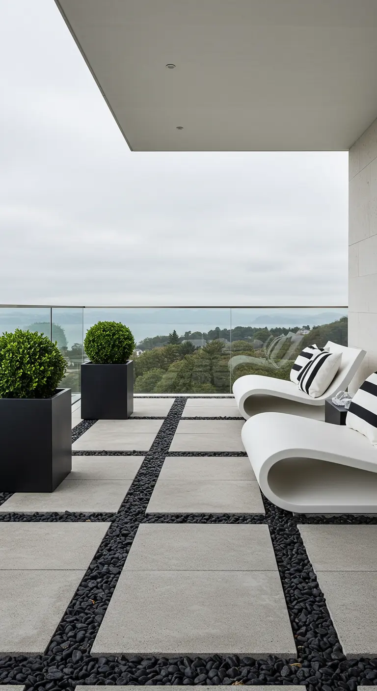 Modern patio with large concrete pavers and black stones in between.