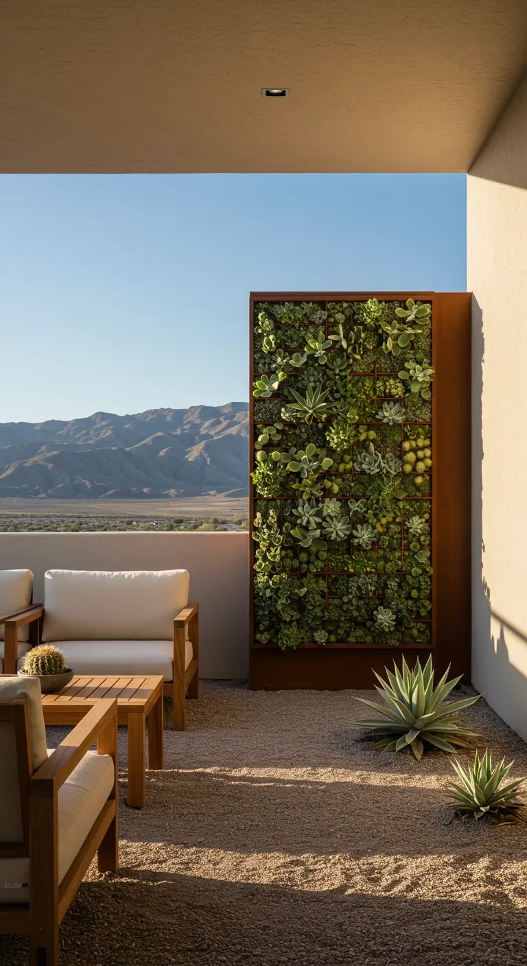 A sun-drenched terrace with a vertical succulent garden in a rusted steel frame, overlooking a desert landscape.