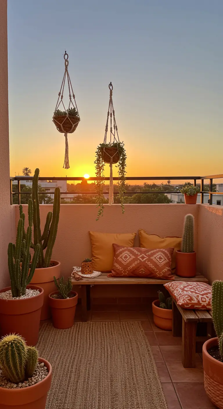 A desert-themed balcony with cacti in terracotta pots against a sunset view.