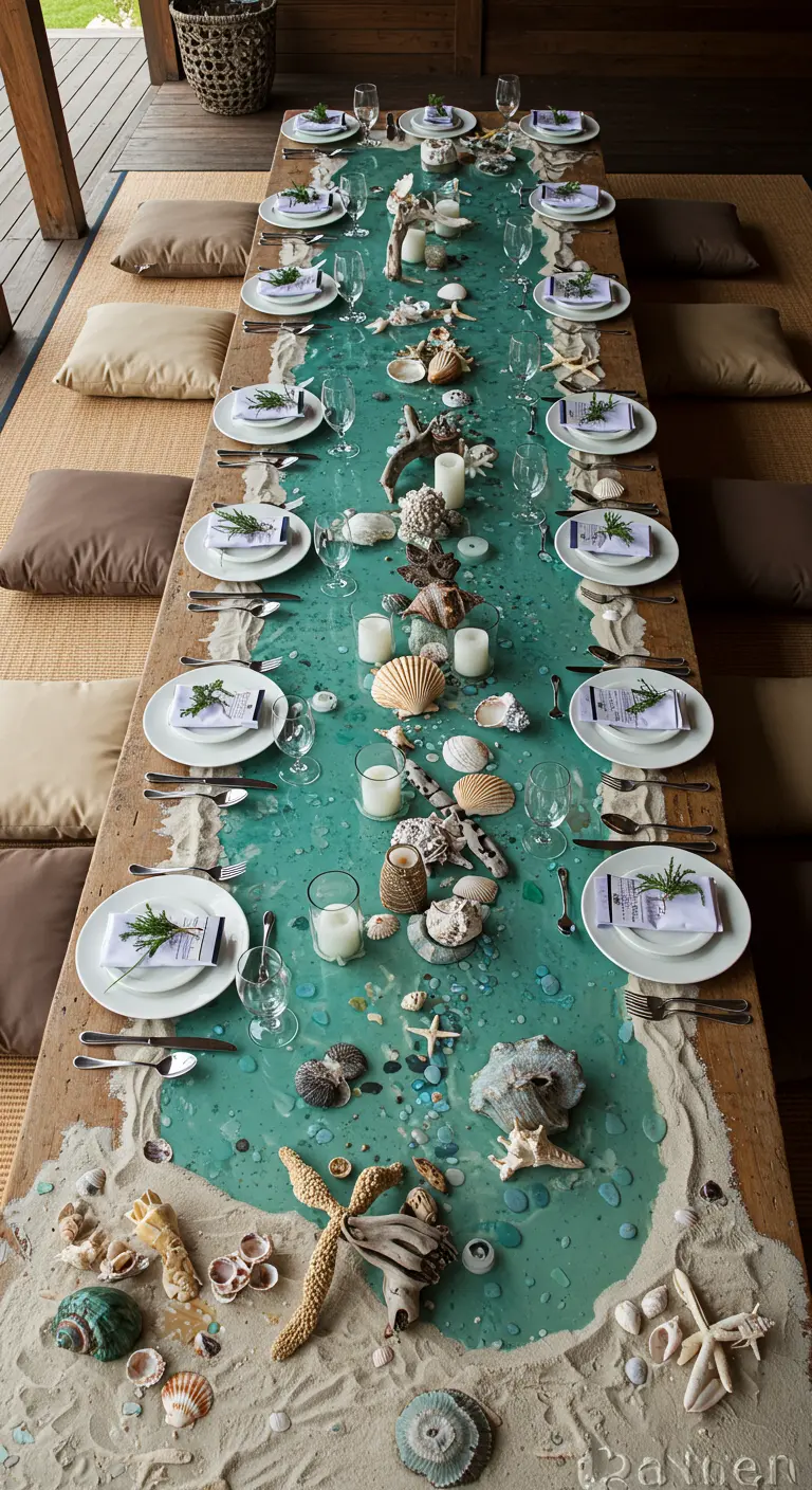 Dining table with a stunning resin river centerpiece with shells and sand.