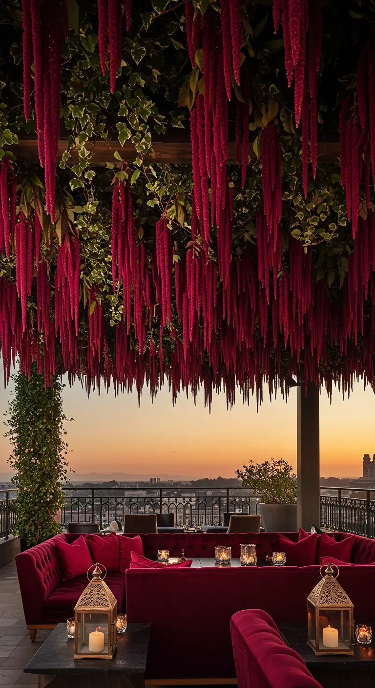 A rooftop lounge with deep red velvet sofas under a canopy of hanging red amaranthus flowers.