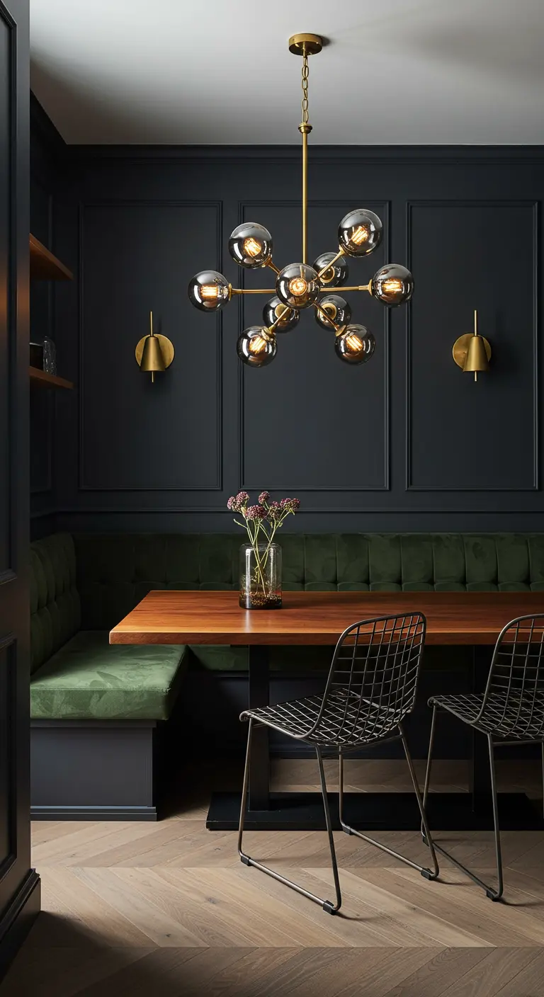 Moody dining nook with dark paneled walls, a green velvet banquette, and a brass chandelier.