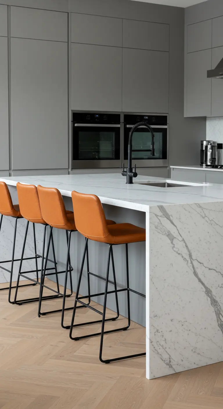 Kitchen island with burnt orange leather bar stools and marble top.