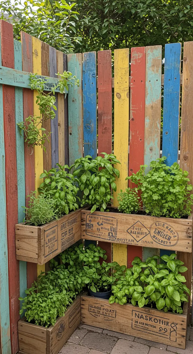 Natural wood corner planters with vintage stamp stencils on a colorful fence.