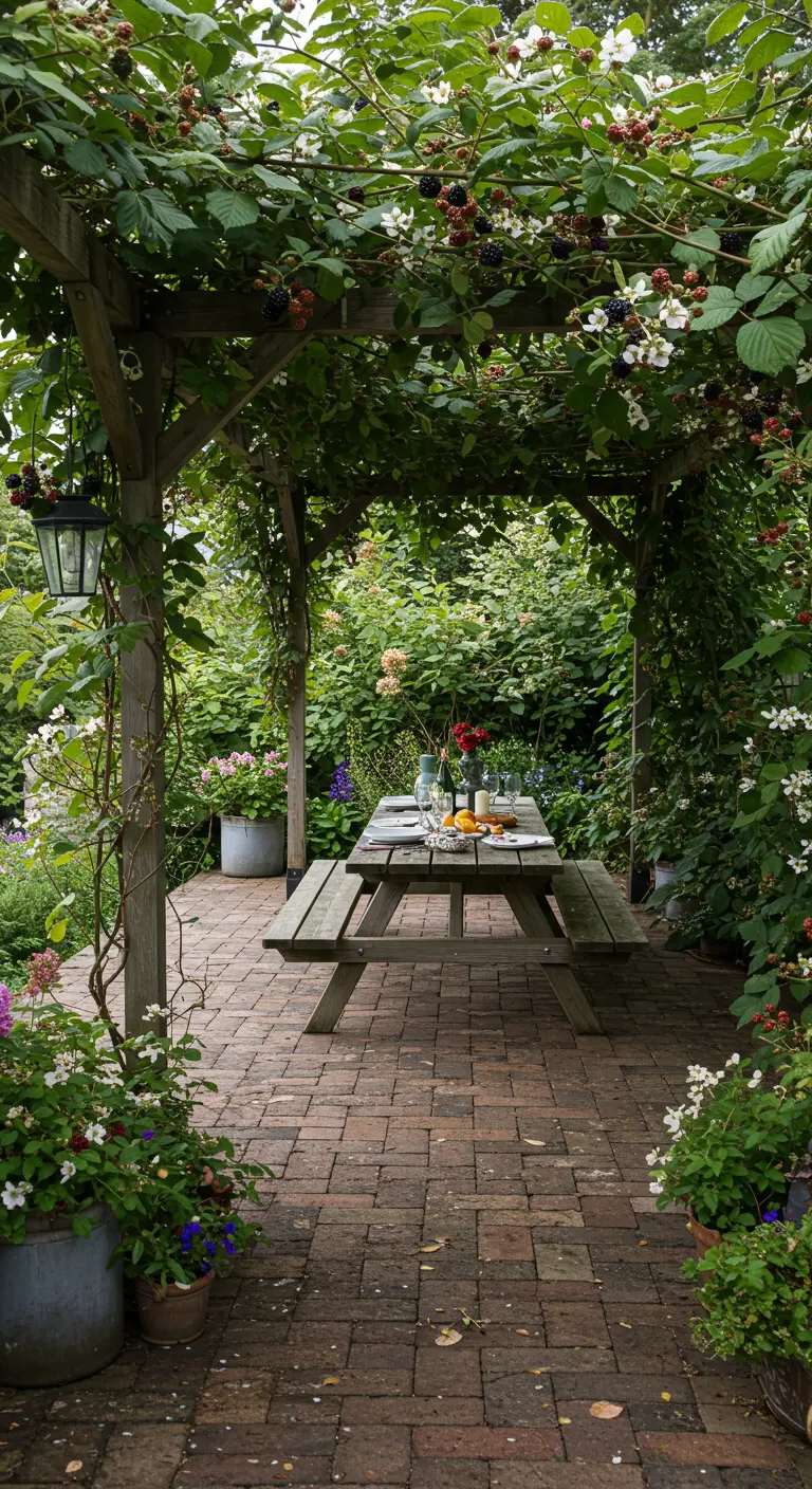 A rustic picnic table sits under a wooden pergola covered in flowering blackberry vines.