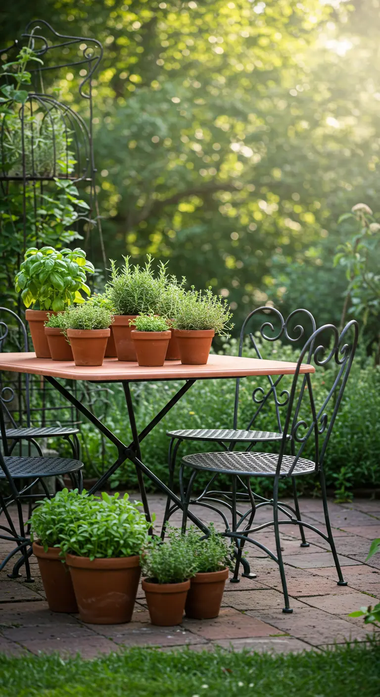 Terra cotta table covered in potted herbs like rosemary and basil, creating a green centerpiece.