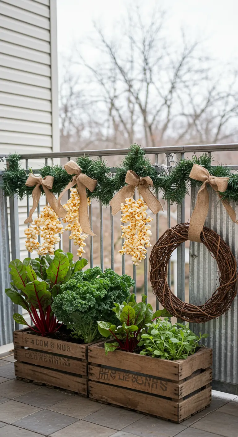 A rustic balcony with popcorn garlands and wooden crates planted with winter greens.