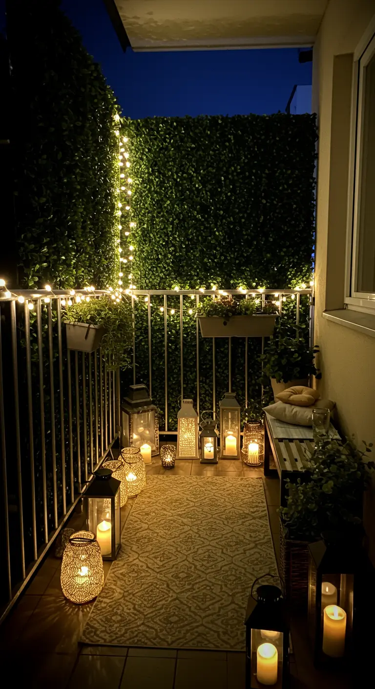 A narrow balcony at night with faux ivy on the walls, lit by fairy lights and floor lanterns.