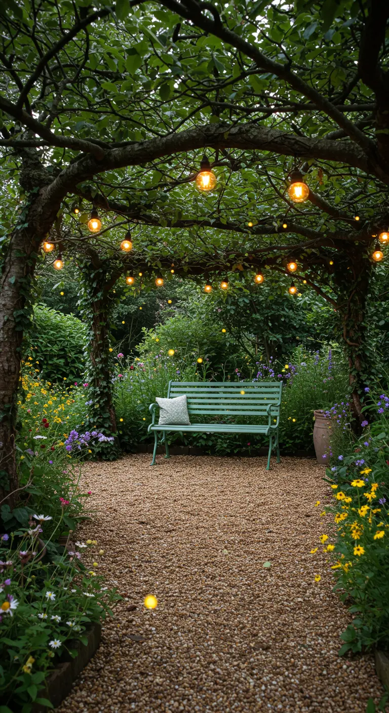 A gravel path leading to a green bench under an arch of natural tree branches with globe lights.