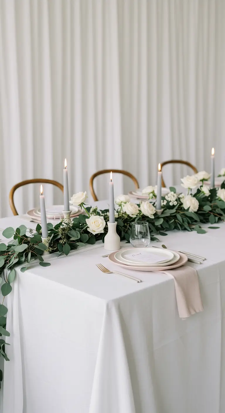 A white tablecloth with a long eucalyptus garland, white roses, and grey candles.