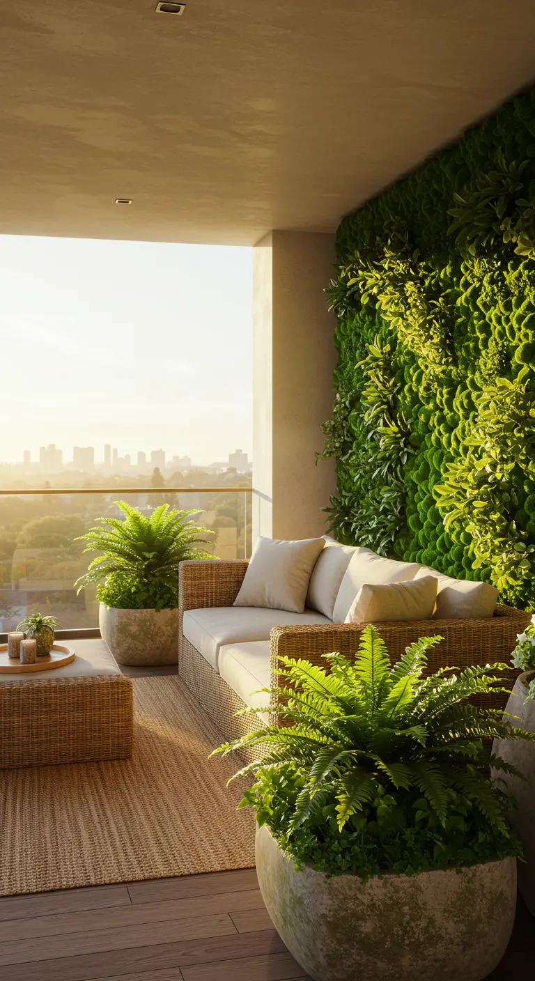 A sunlit balcony with a large moss wall, a wicker sofa, and potted ferns.