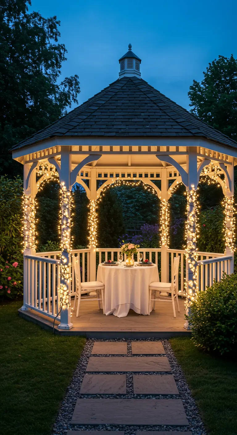 A white garden gazebo with its posts and arches wrapped in dense fairy lights, set for a romantic dinner.