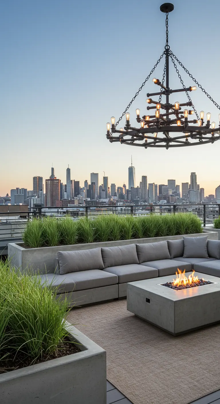 Expansive rooftop terrace with a large sectional sofa around a concrete fire pit.
