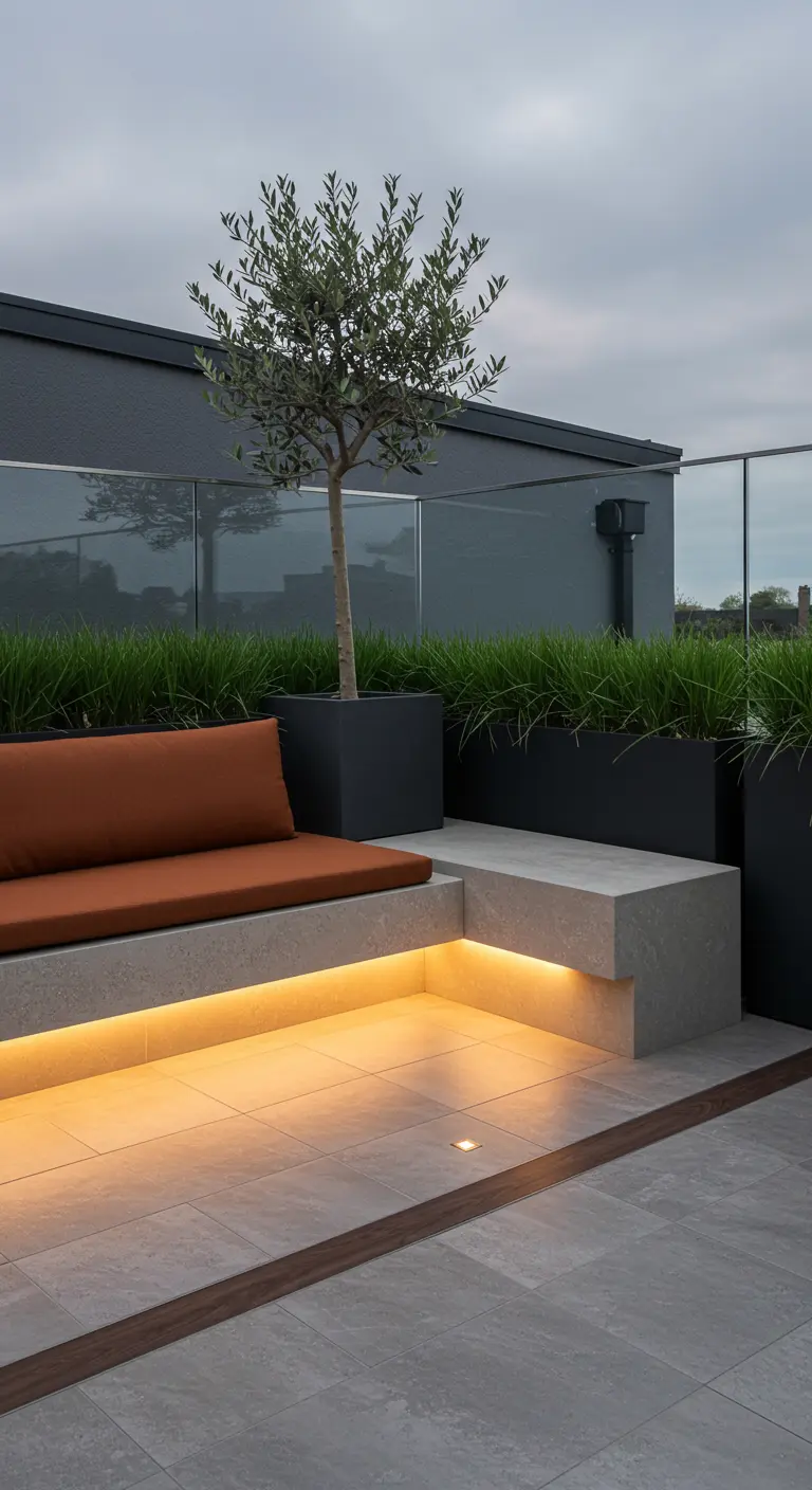 Modern patio with a floating concrete bench illuminated by warm LED strip lighting.