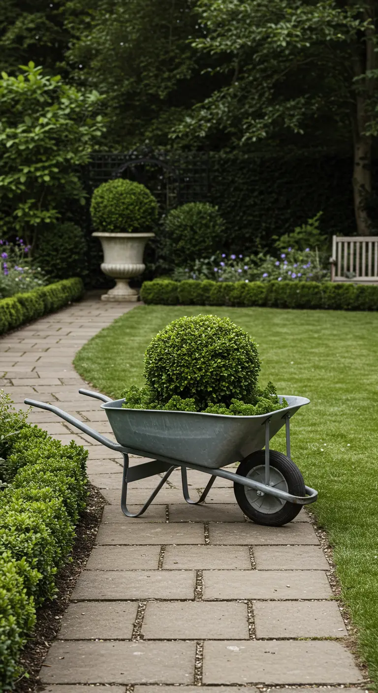 A galvanized wheelbarrow holding a sculpted boxwood ball in the middle of a formal garden path.