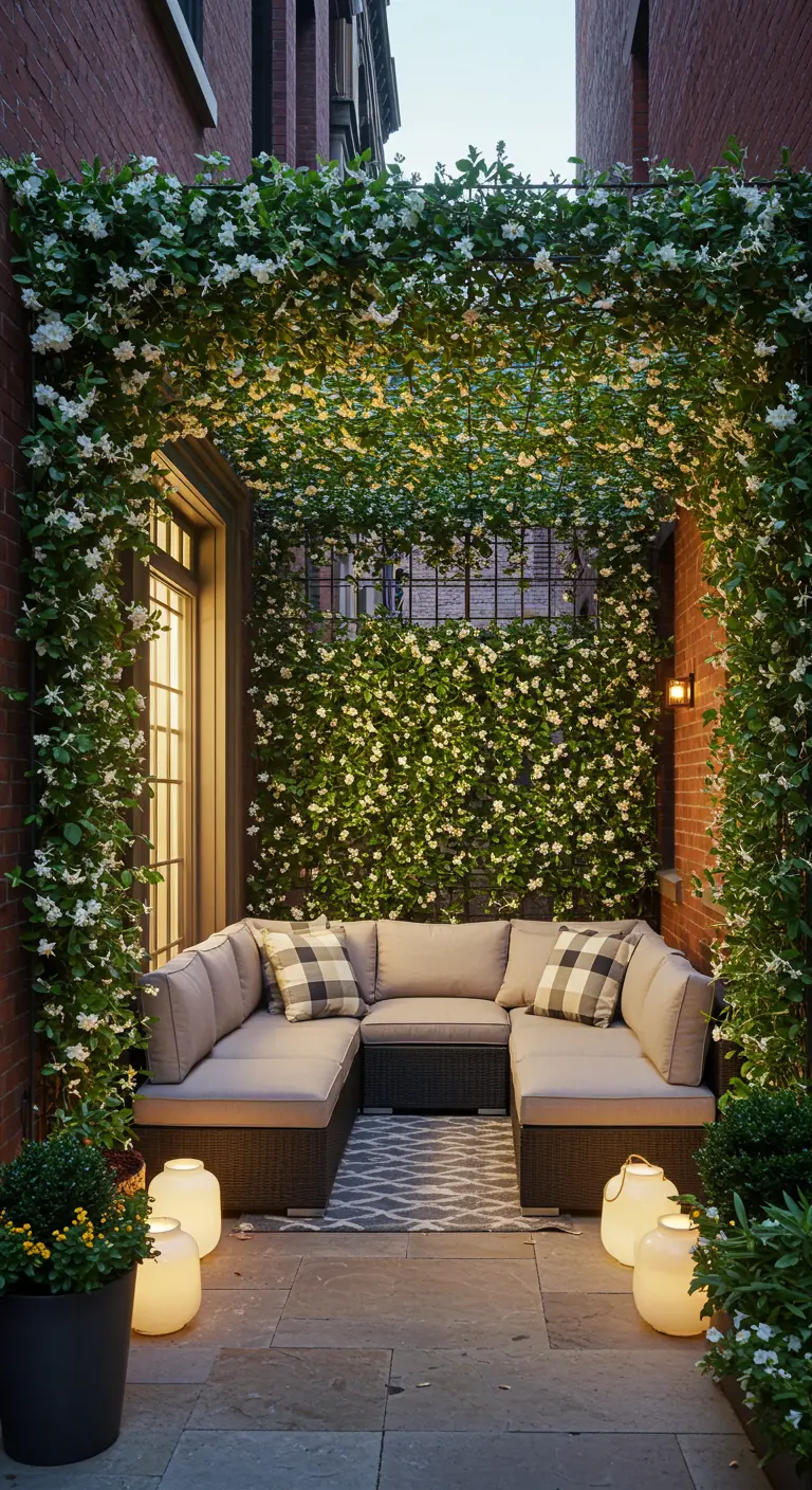 A cozy u-shaped sofa in a narrow courtyard enclosed by walls of white jasmine flowers.