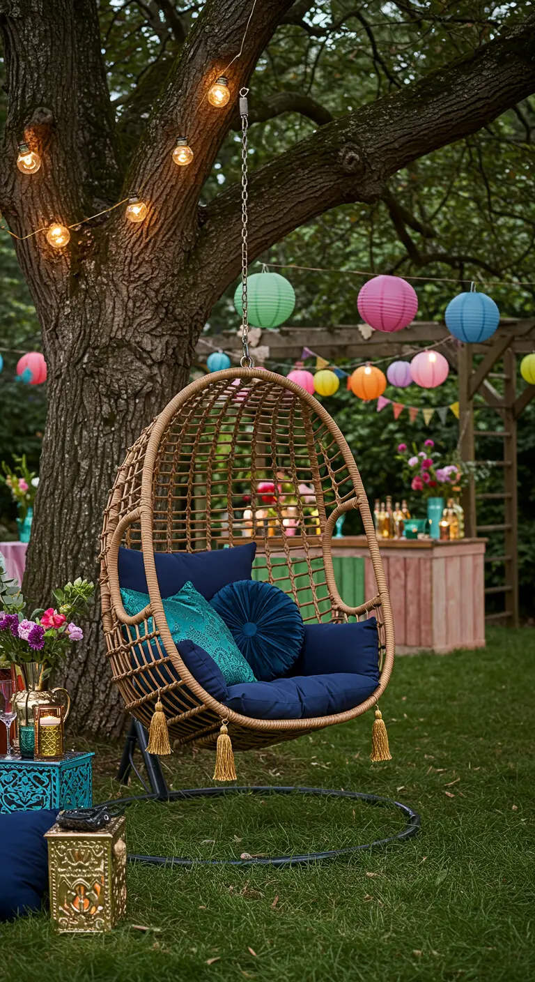A rattan egg chair with blue cushions set up for a garden party with colorful lanterns.