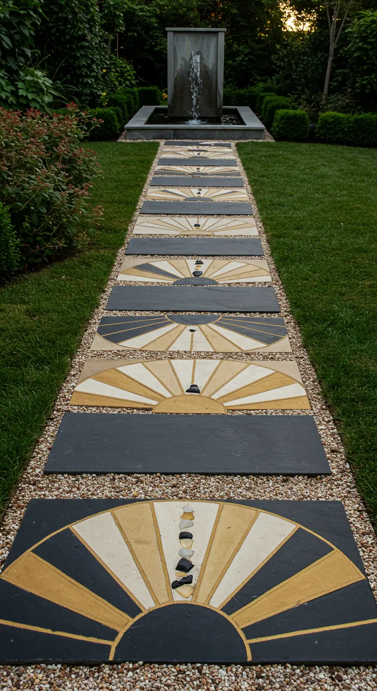 Long rectangular pavers with black, white, and gold Art Deco sunburst patterns.
