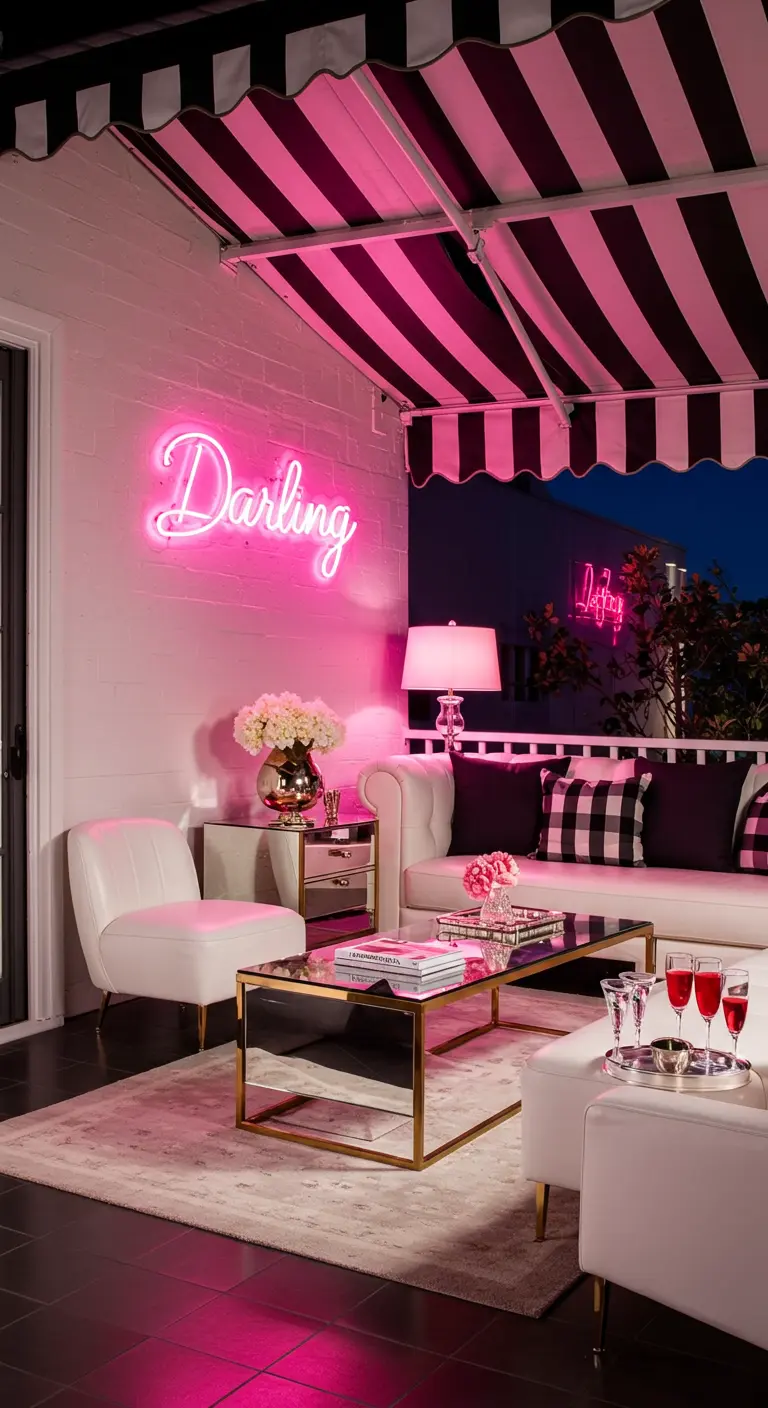 A glamorous patio with a striped awning, white furniture, and a neon 'Darling' sign.