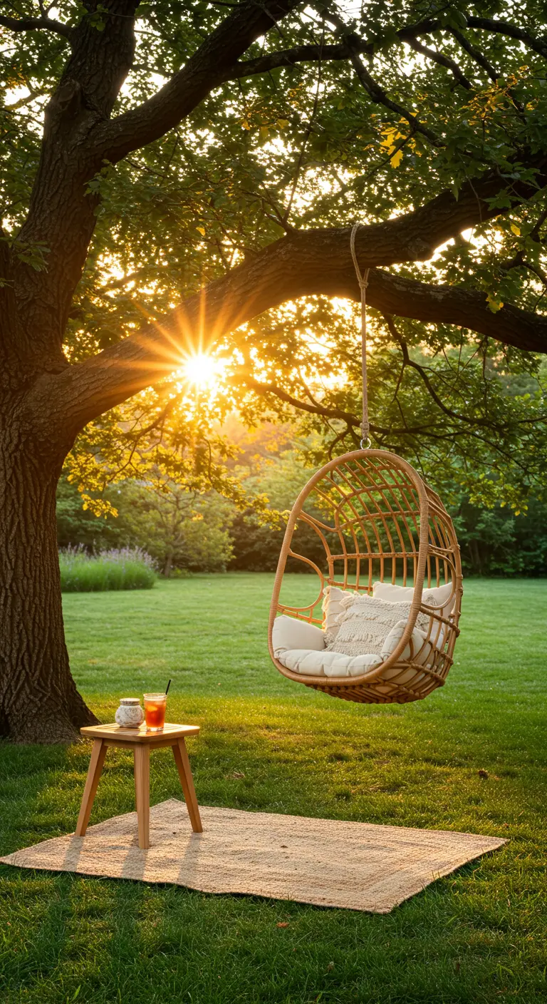 A natural rattan egg chair hanging from an oak tree at sunset with a jute rug.