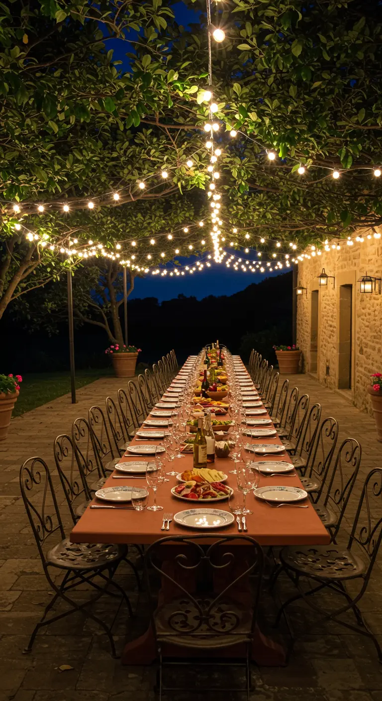 Very long terra cotta dining table set for a large party at night under string lights.