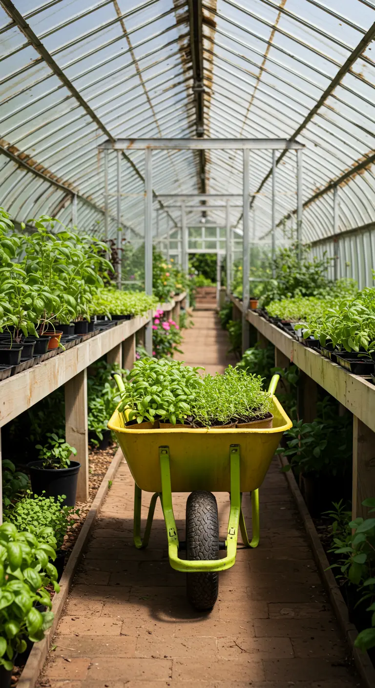 A chartreuse wheelbarrow filled with young herb seedlings in a large, bright greenhouse.