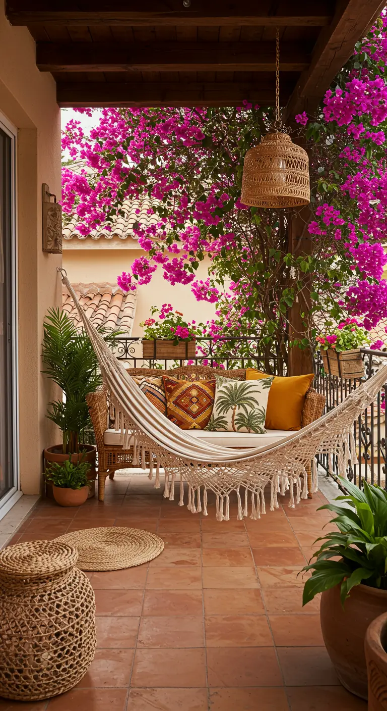 A fringed hammock on a terracotta-tiled balcony, surrounded by pink bougainvillea flowers.