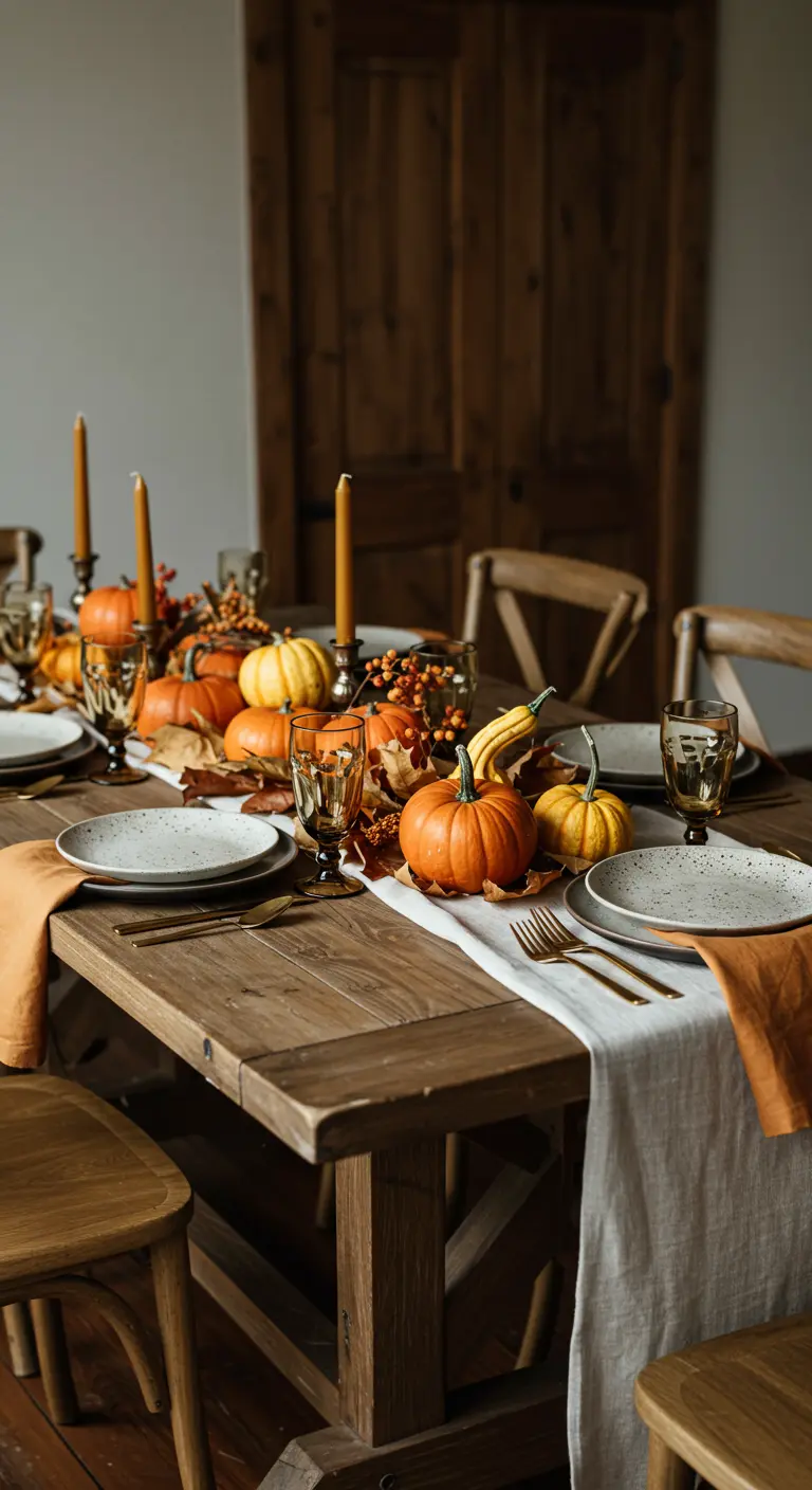 Rustic wood table with a centerpiece of small pumpkins, gourds, and amber glassware.