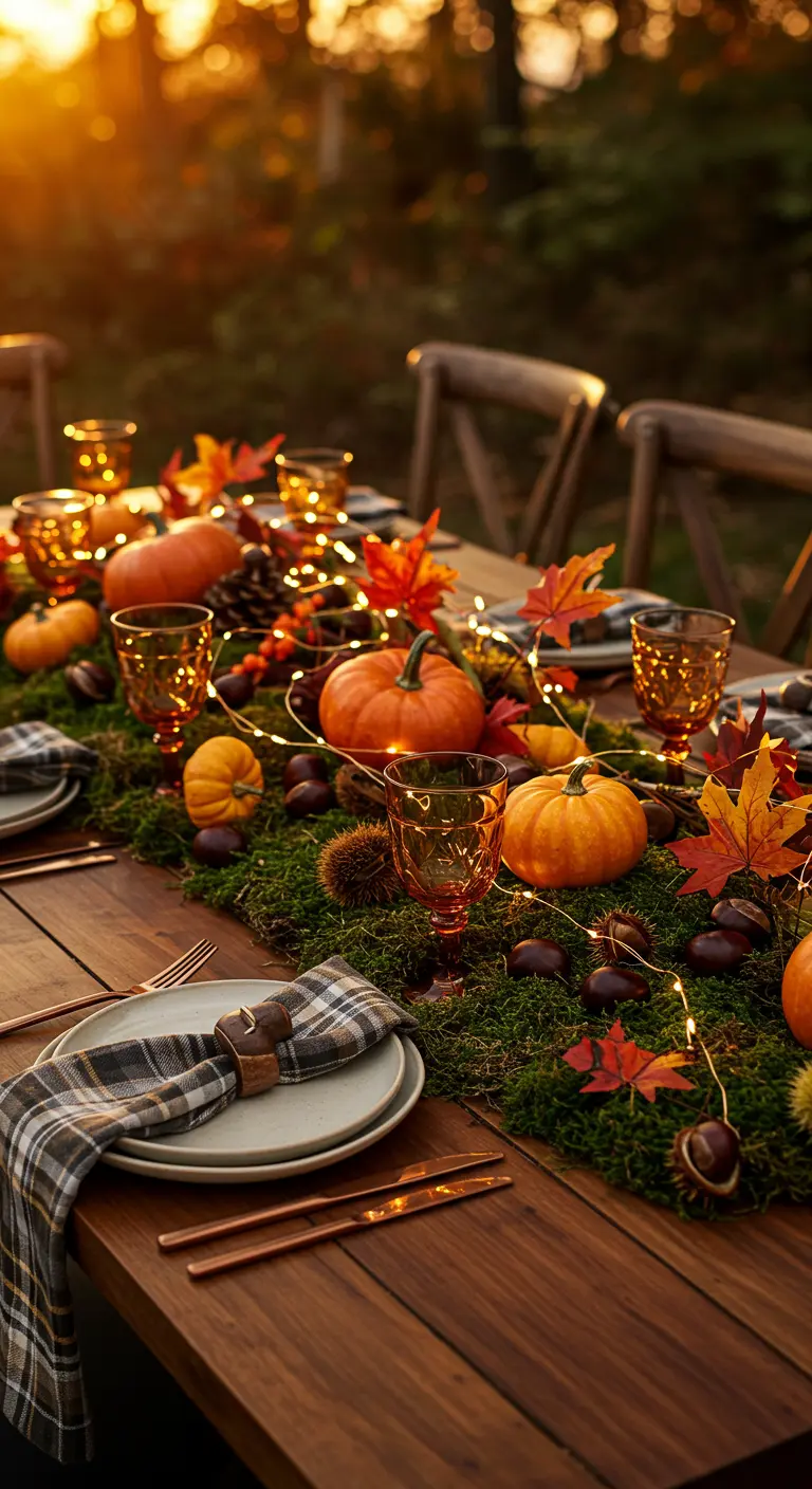 An autumn-themed tablescape with a moss runner, mini pumpkins, chestnuts, and plaid napkins.