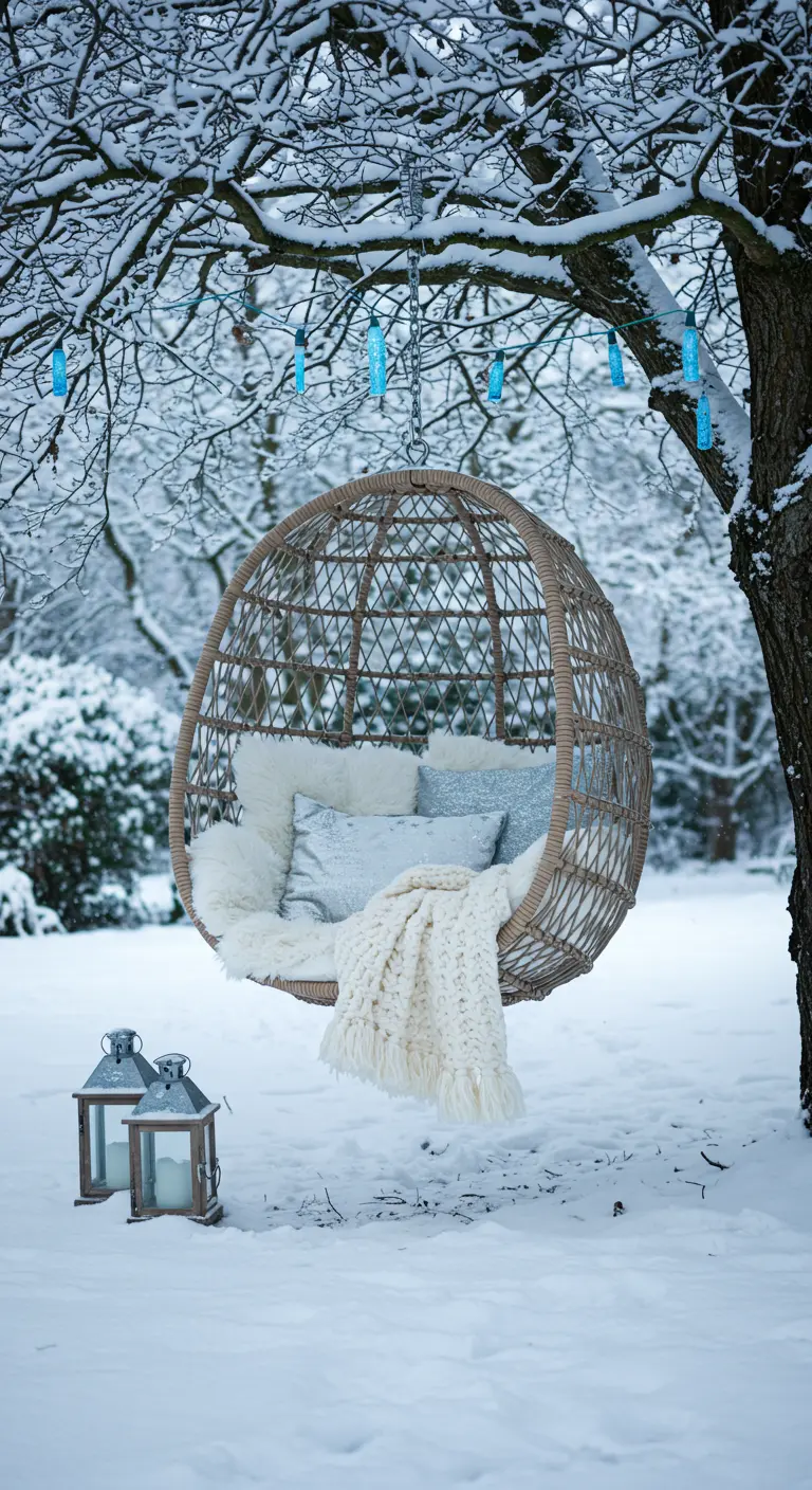 A rattan egg chair with faux fur and silver pillows hanging in a snowy landscape.