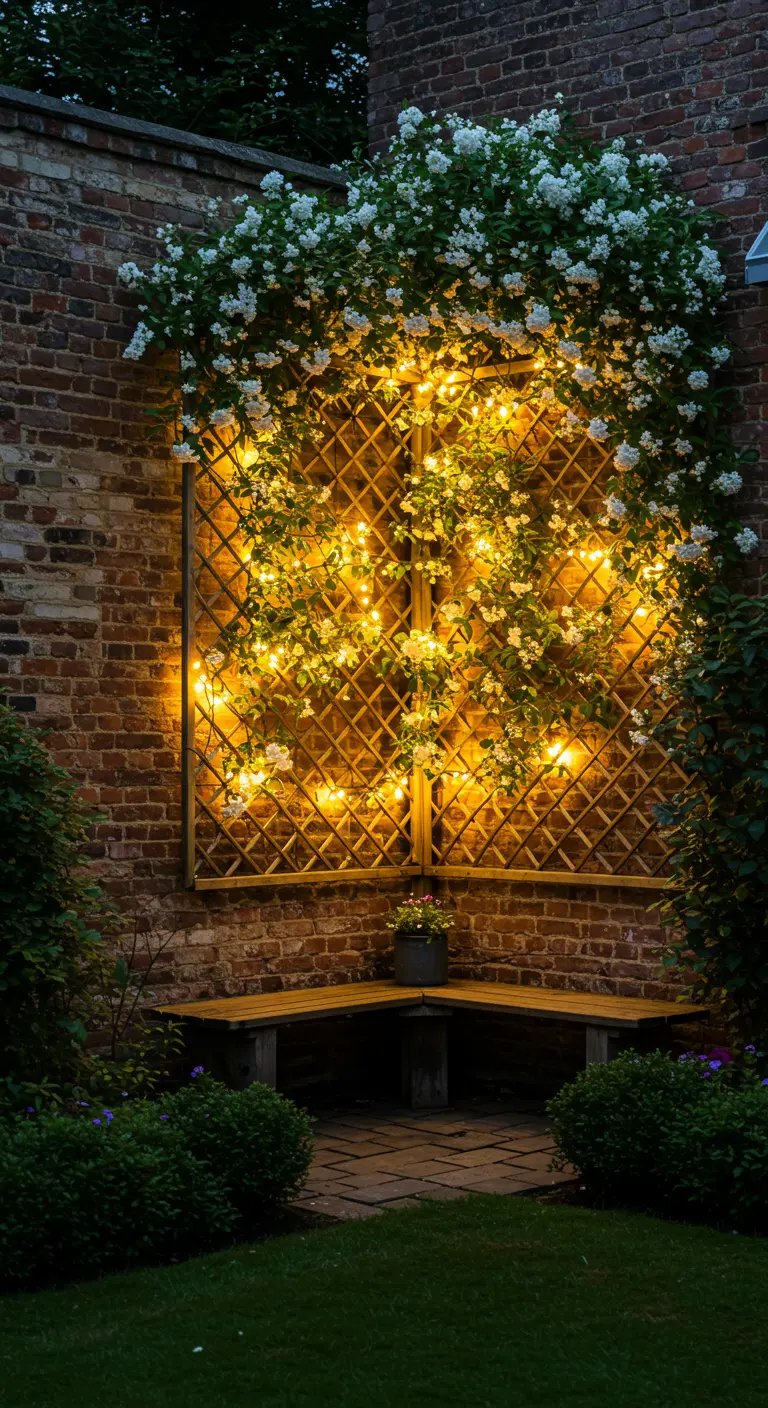 A wooden trellis against a brick wall is lit with fairy lights and framed by a climbing white rose.