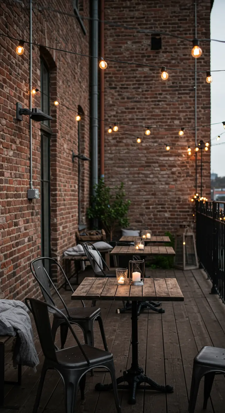 An industrial-style balcony with brick walls, metal chairs, and Edison bulbs strung overhead.