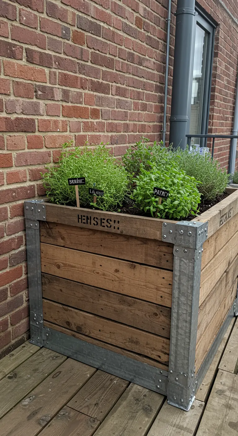 A large pallet wood planter with galvanized metal corners and stenciled labels.