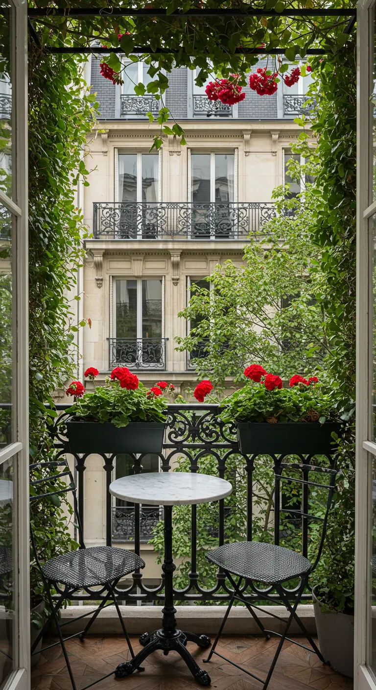 A small Parisian balcony framed by climbing greenery, with a bistro set and red geraniums.