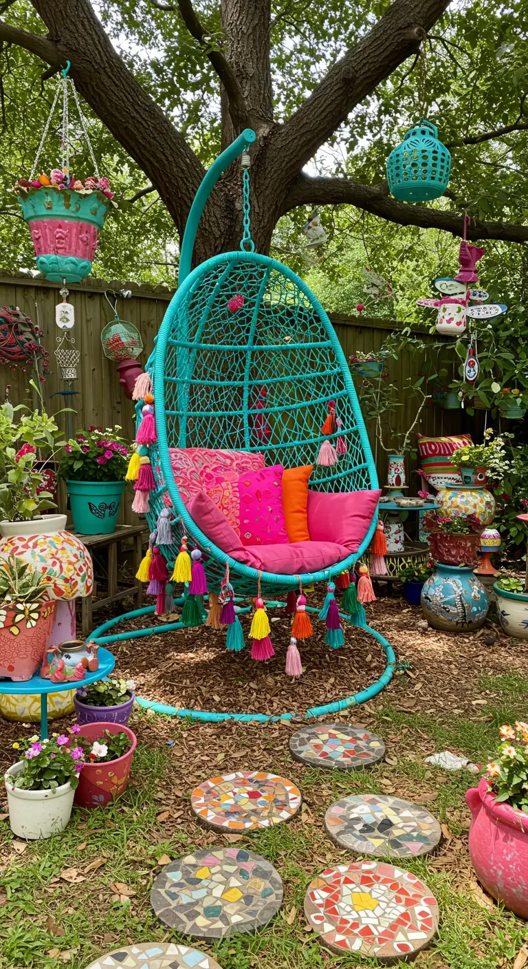 A bright turquoise egg chair overflowing with colorful tassels and pillows in an eclectic garden.