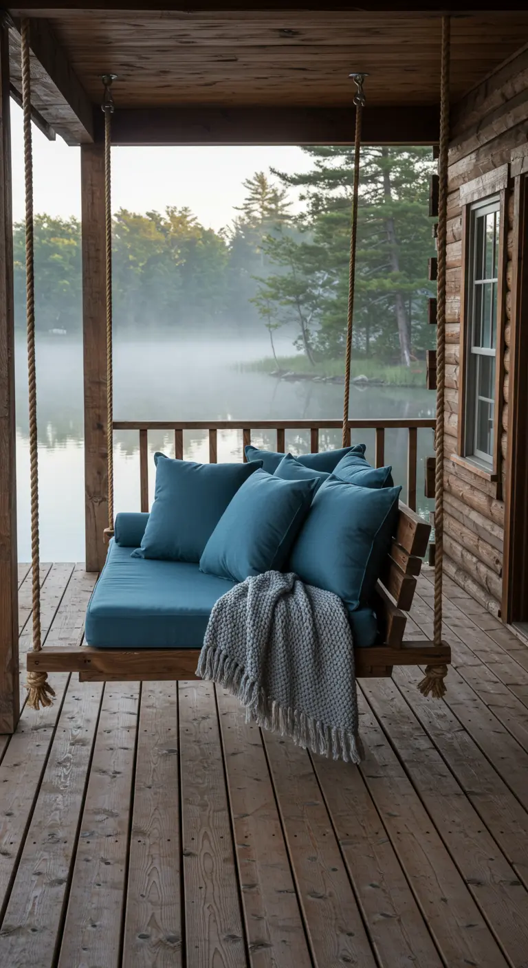 A wooden swing bench with blue cushions on a cabin porch overlooking a foggy lake.