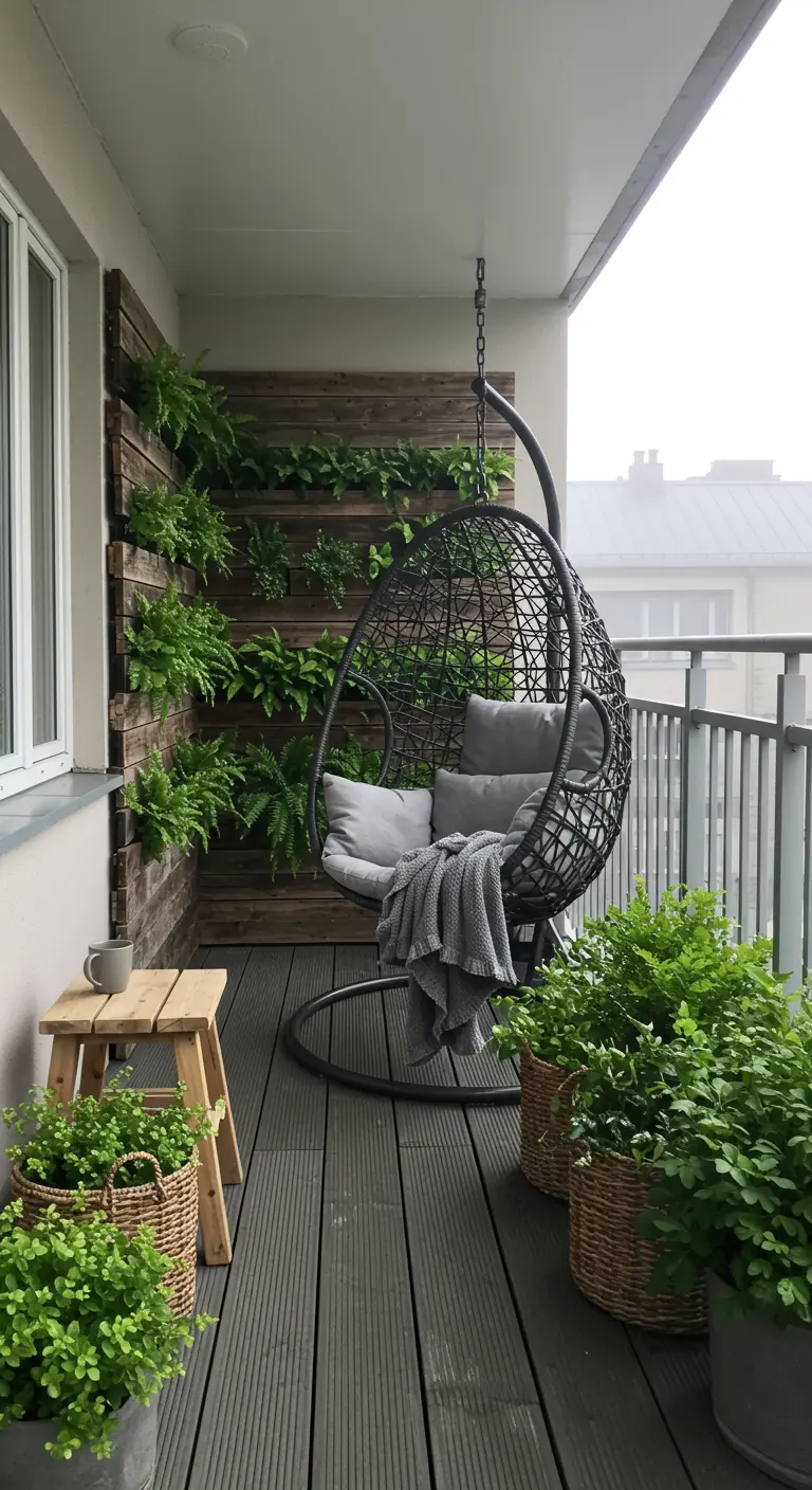 A modern balcony with a hanging wicker chair in front of a vertical fern garden wall.