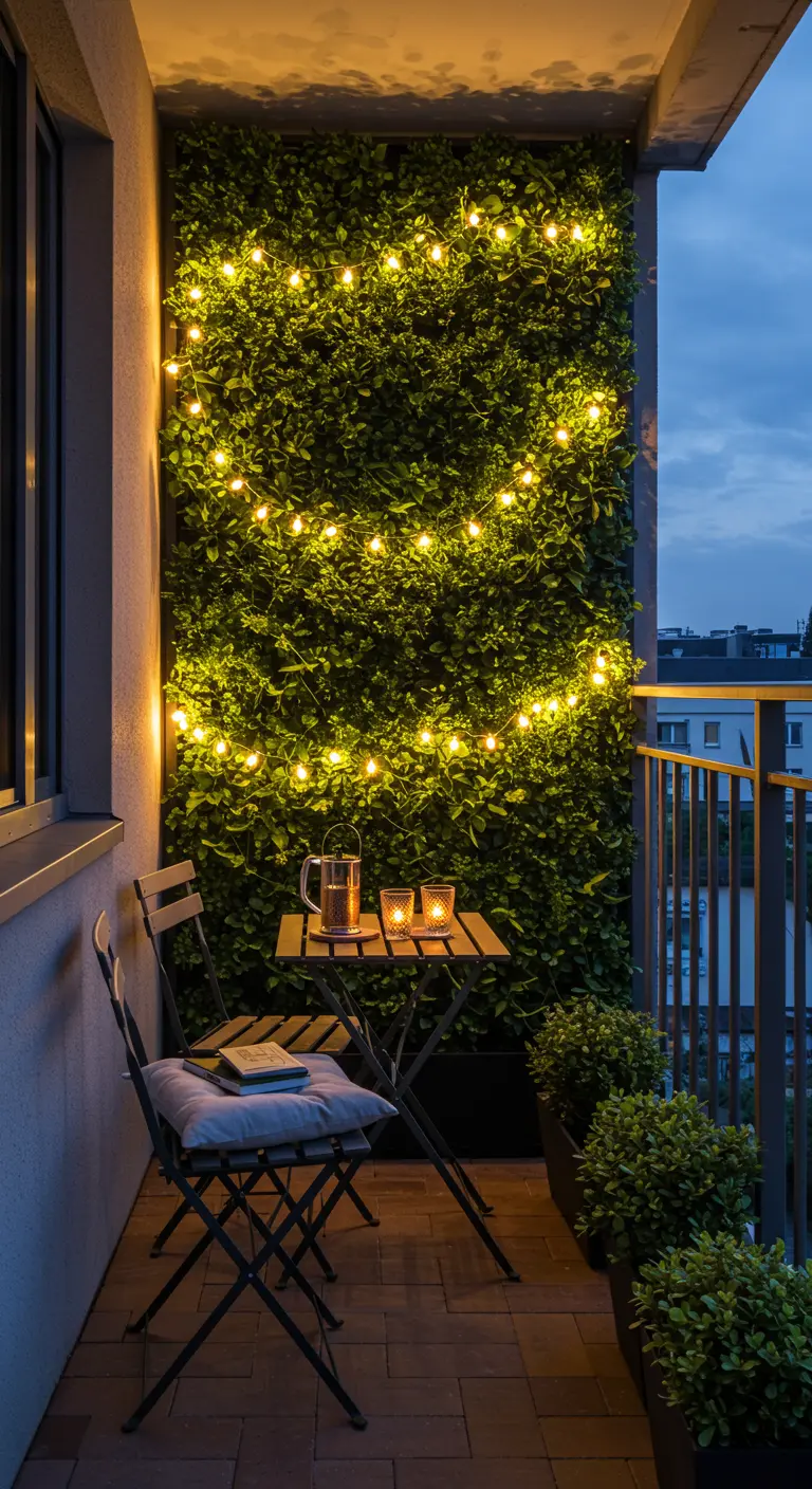 A small balcony with a dense green wall, with a string of fairy lights zig-zagging through the leaves.