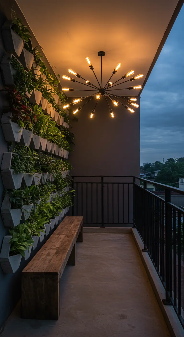 Balcony with a geometric vertical garden wall illuminated by a sputnik chandelier.