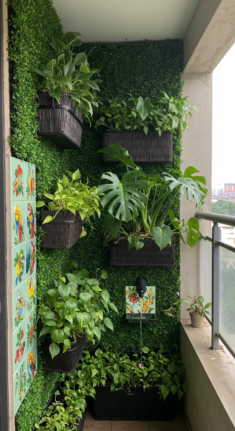 Balcony converted into an urban jungle with a green wall, tropical plants, and parrot tiles.