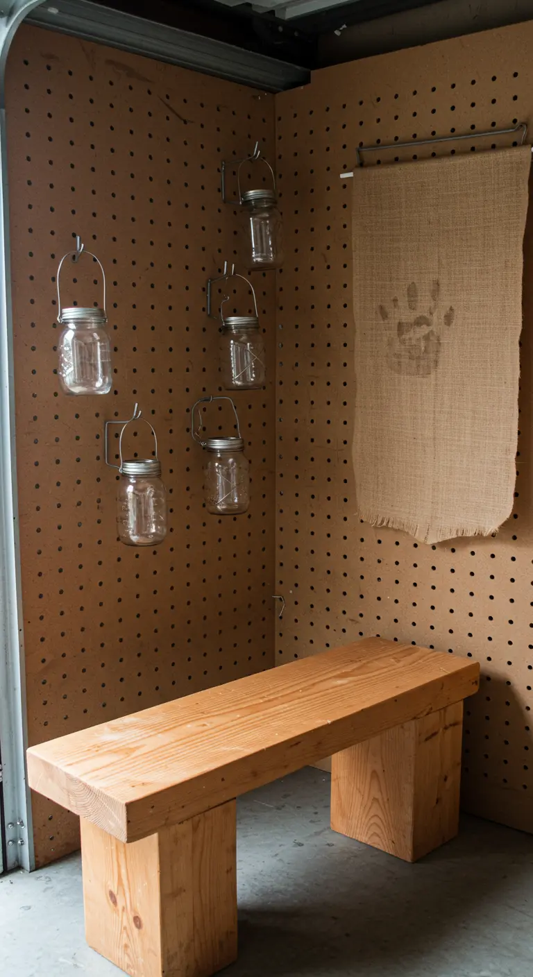 A simple wooden bench in a workshop corner with mason jars hanging on a pegboard.