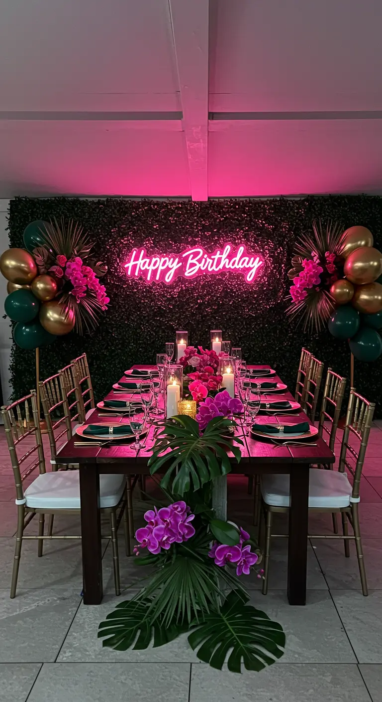 Elegant birthday tablescape with a pink neon sign against a boxwood wall.
