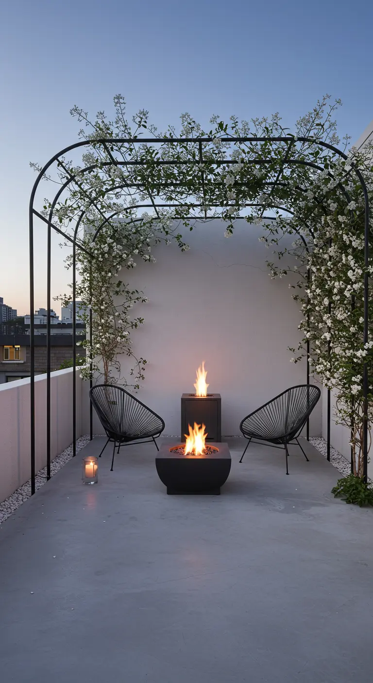 A modern terrace with a minimalist black metal arch, white climbing flowers, and a fire pit.
